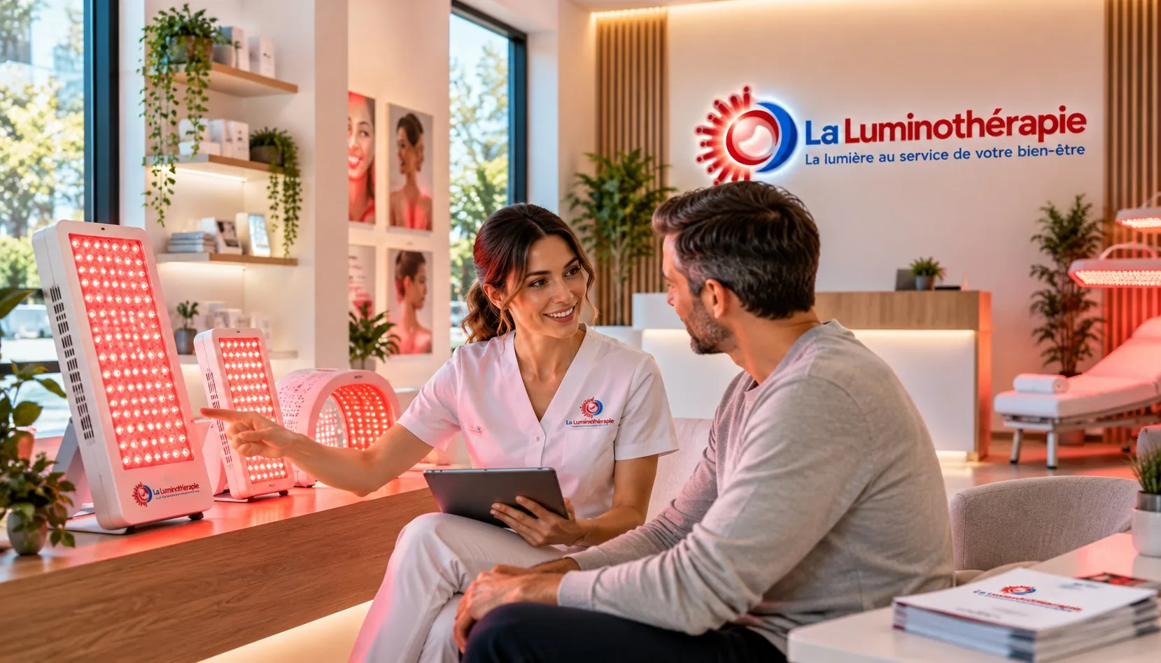 Conseillère présentant des panneaux LED de luminothérapie à un client dans un espace dédié